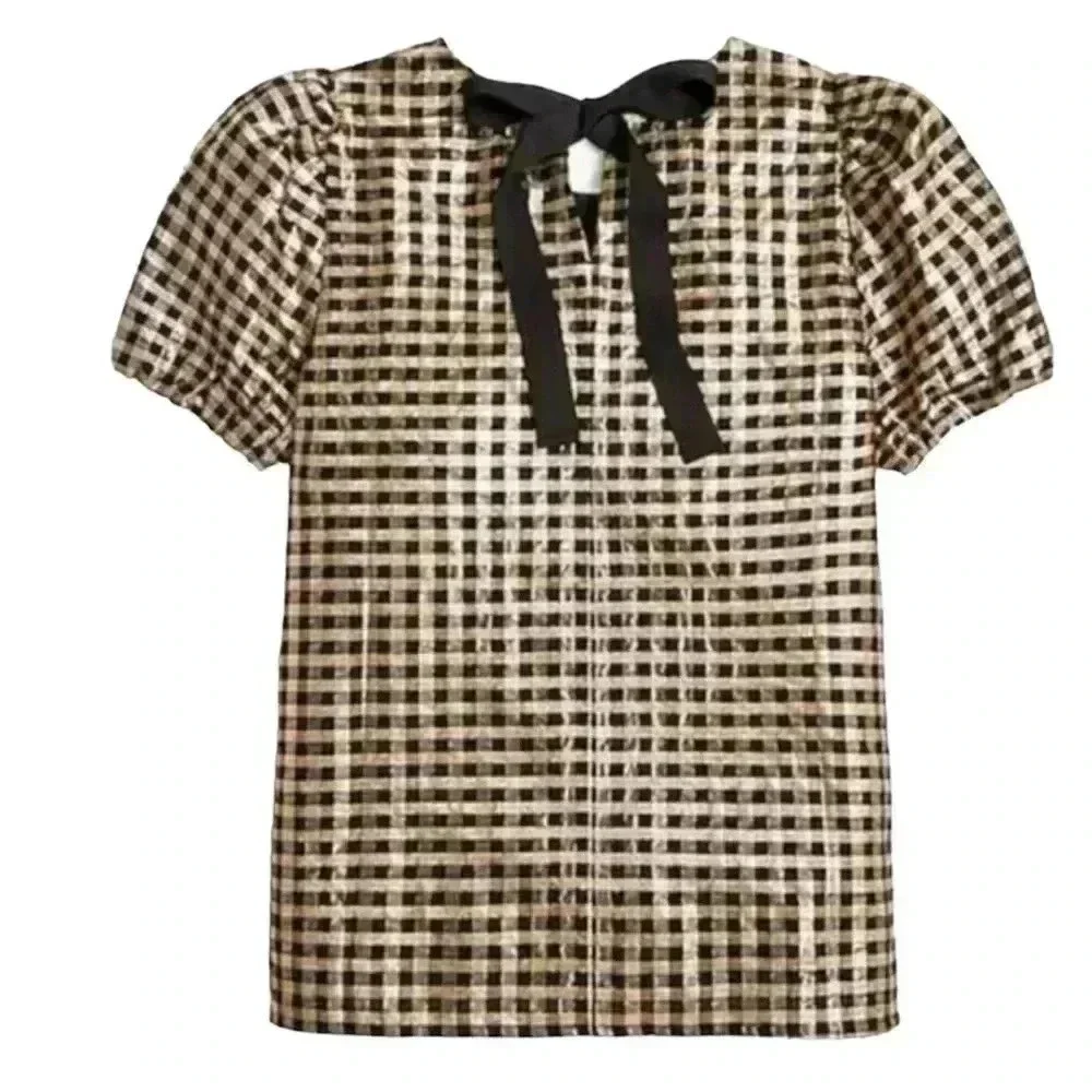 J.Crew Metallic Gold & Black Plaid Puff Sleeve Top Size Medium